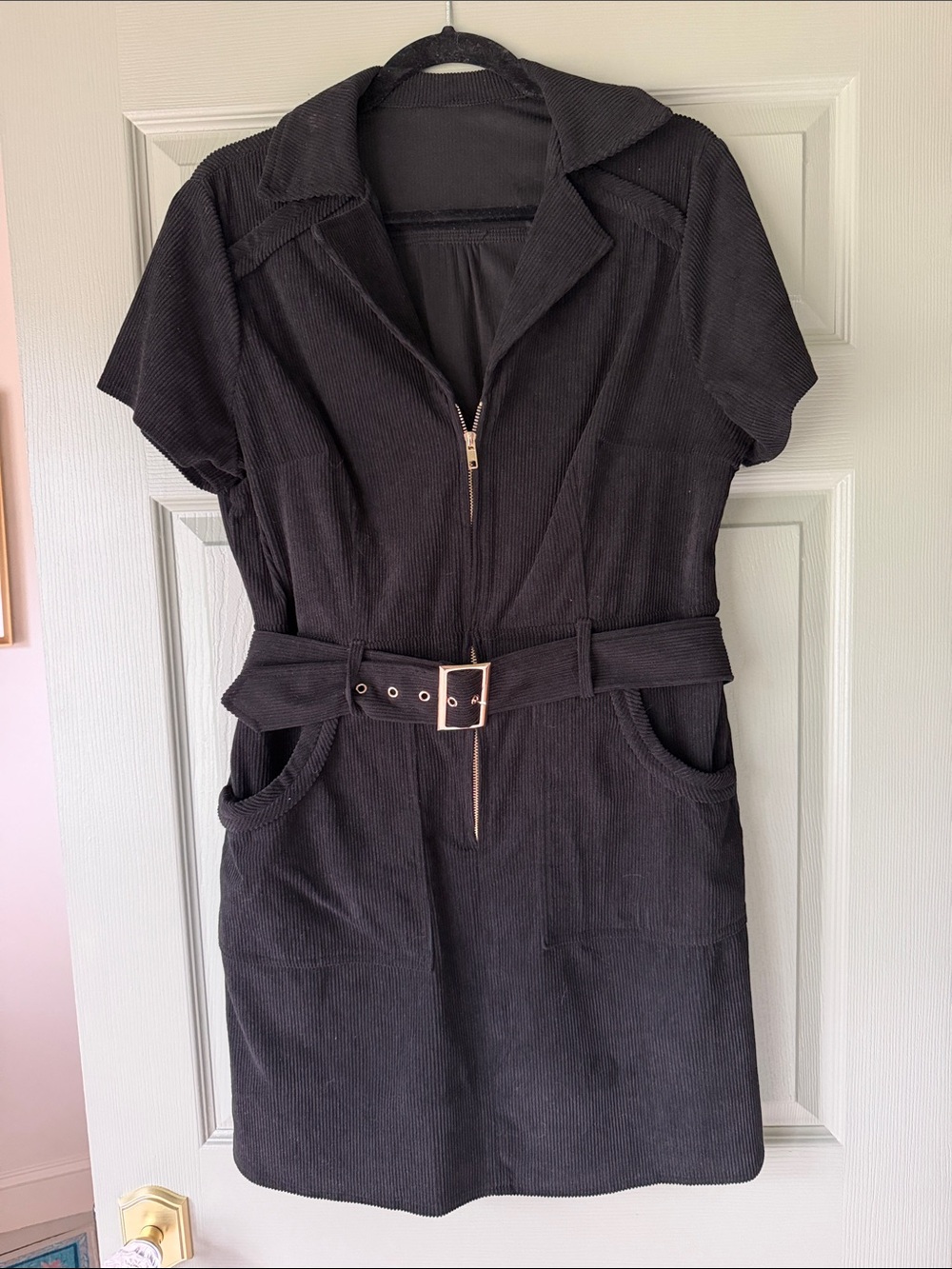 Black Zip-Front Belted Corduroy Dress